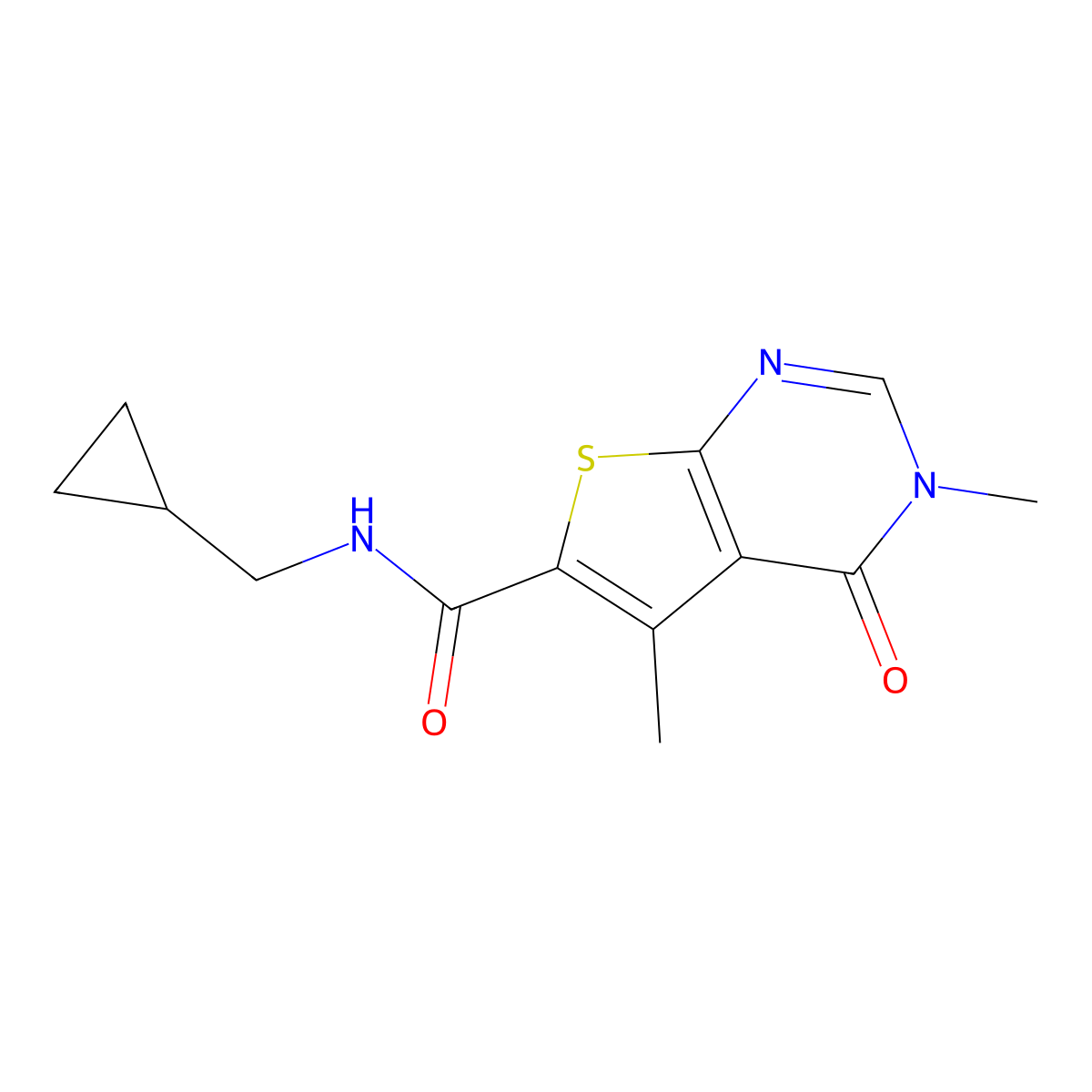 N-(cyclopropylmethyl)-3,5-dimethyl-4-oxo-3H,4H-thieno[2,3-d]pyrimidine-6-carboxamide molecular structure, CAS 1197803-02-3