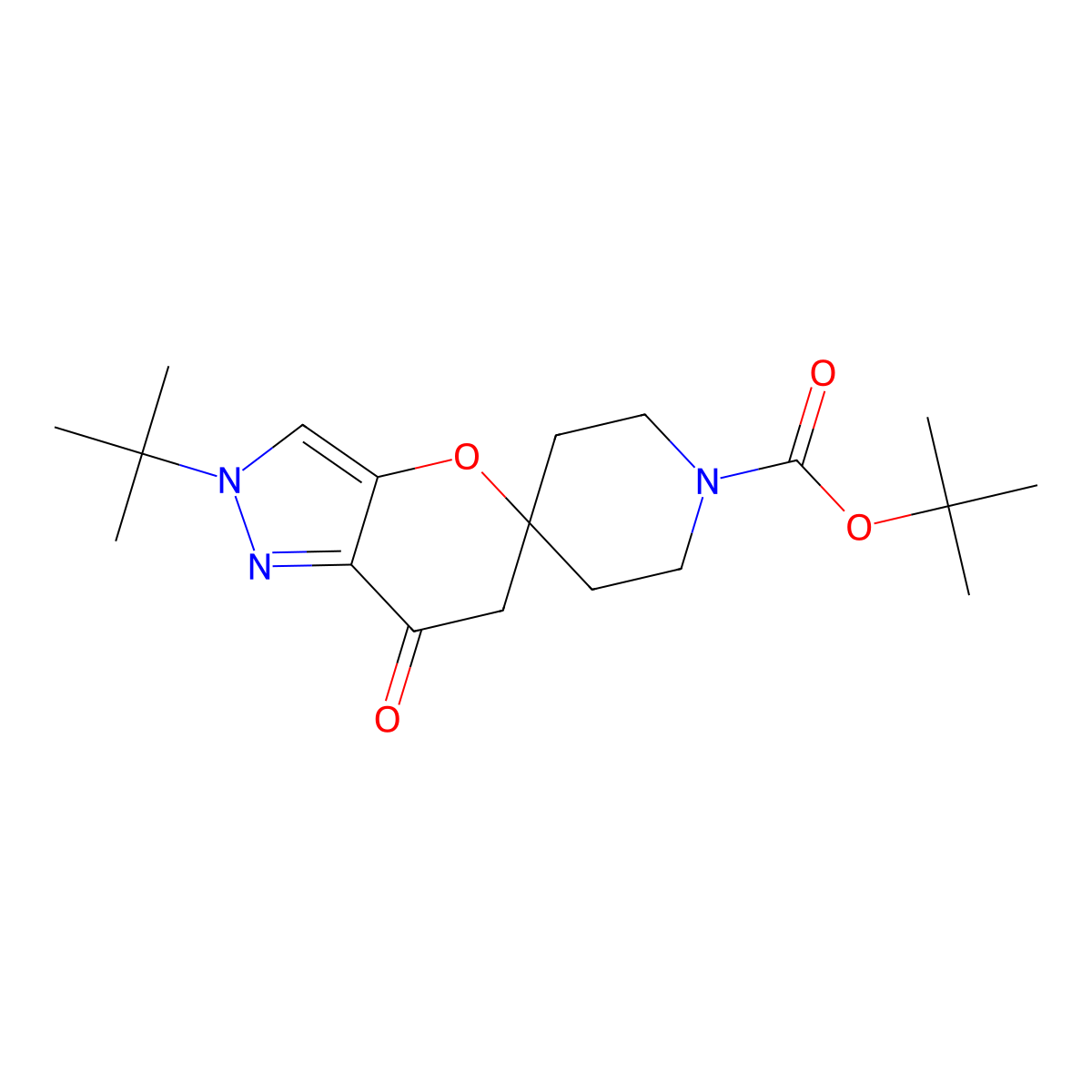 tert-Butyl 2'-(tert-butyl)-7'-oxo-6',7'-dihydro-2'H-spiro[piperidine-4,5'-pyrano[3,2-c]pyrazole]-1-carboxylate molecular structure, CAS 1197815-67-0
