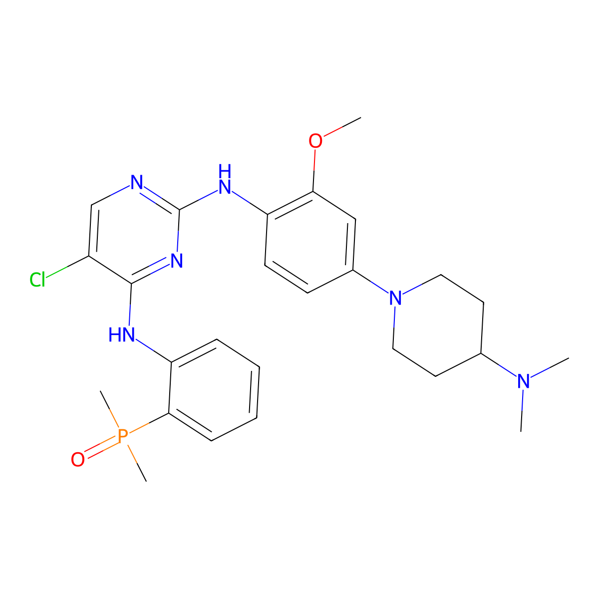 5-Chloro-N2-(4-(4-(dimethylamino)-1-piperidinyl)-2-methoxyphenyl)-N4-(2-(dimethylphosphinyl)phenyl)-2,4-pyrimidinediamine molecular structure, CAS 1197958-12-5