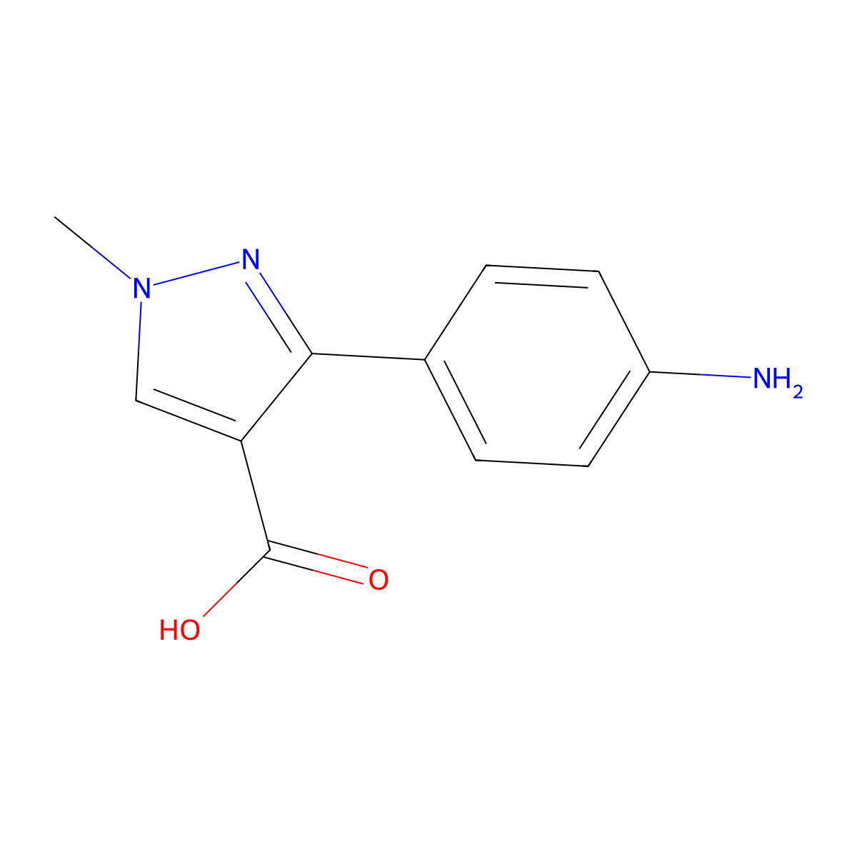3-(4-aminophenyl)-1-methyl-1H-pyrazole-4-carboxylic acid molecular structure, CAS 1197965-65-3