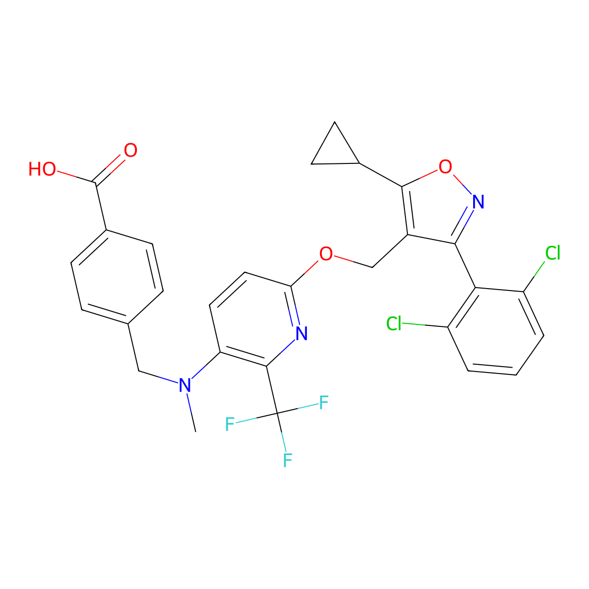4-(((6-((5-Cyclopropyl-3-(2,6-dichlorophenyl)isoxazol-4-yl)methoxy)-2-(trifluoromethyl)pyridin-3-yl)(methyl)amino)methyl)benzoic acid molecular structure, CAS 1198085-23-2