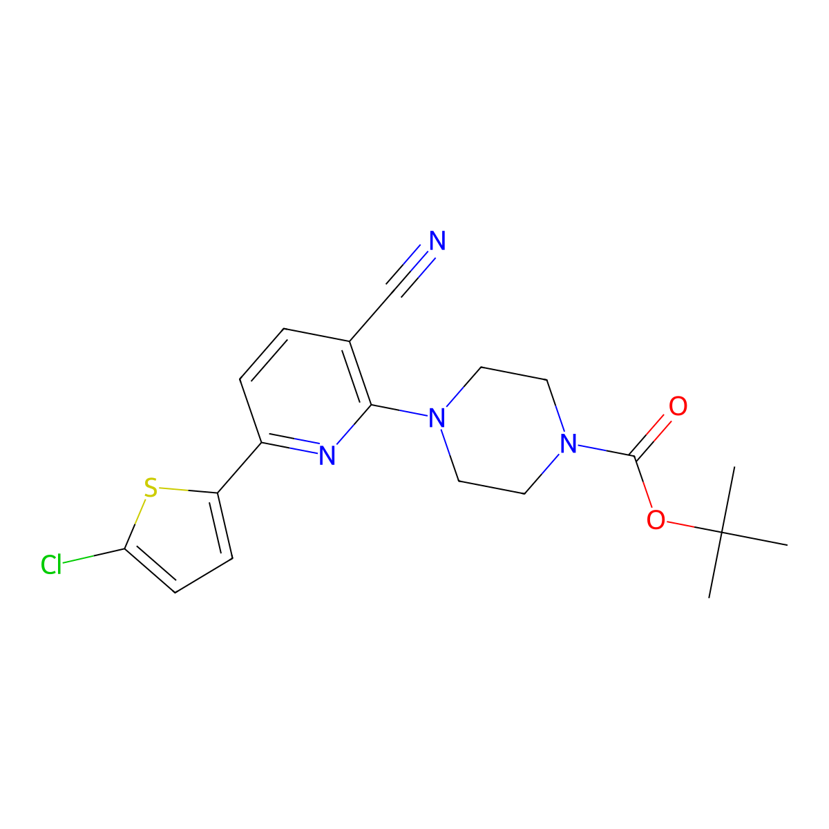 Tert-butyl 4-[6-(5-chlorothiophen-2-yl)-3-cyanopyridin-2-yl]piperazine-1-carboxylate molecular structure, CAS 1198278-11-3