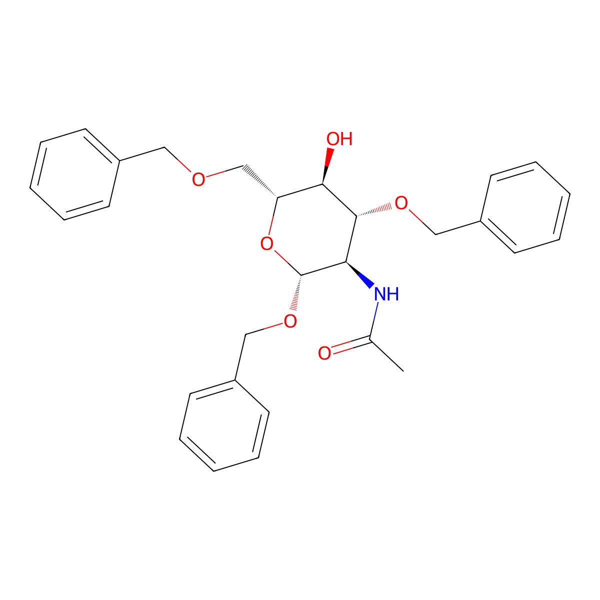 N-((2R,3R,4R,5S,6R)-2,4-Bis(benzyloxy)-6-((benzyloxy)methyl)-5-hydroxytetrahydro-2H-pyran-3-yl)acetamide molecular structure, CAS 119870-30-3