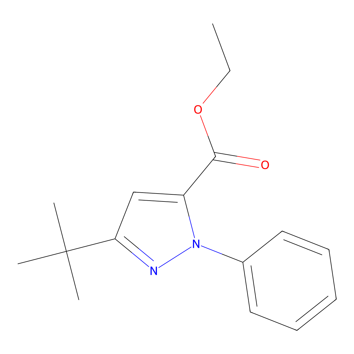 Ethyl 3-tert-butyl-1-phenyl-1H-pyrazole-5-carboxylate molecular structure, CAS 1199215-68-3