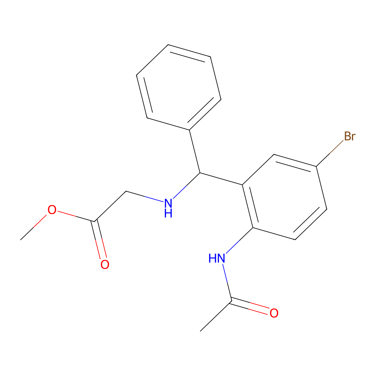 Methyl 2-[[(2-acetamido-5-bromophenyl)-phenylmethyl]amino]acetate molecular structure, CAS 119935-35-2