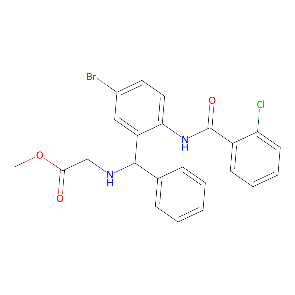 Glycine, N-((5-bromo-2-((2-chlorobenzoyl)amino)phenyl)phenylmethyl)-, methyl ester molecular structure, CAS 119935-36-3