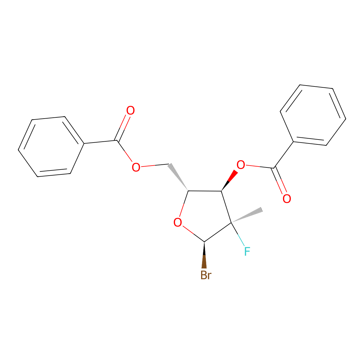 ((2R,3R,4R,5R)-3-(benzoyloxy)-5-bromo-4-fluoro-4-methyltetrahydrofuran-2-yl)methyl benzoate molecular structure, CAS 1199809-24-9