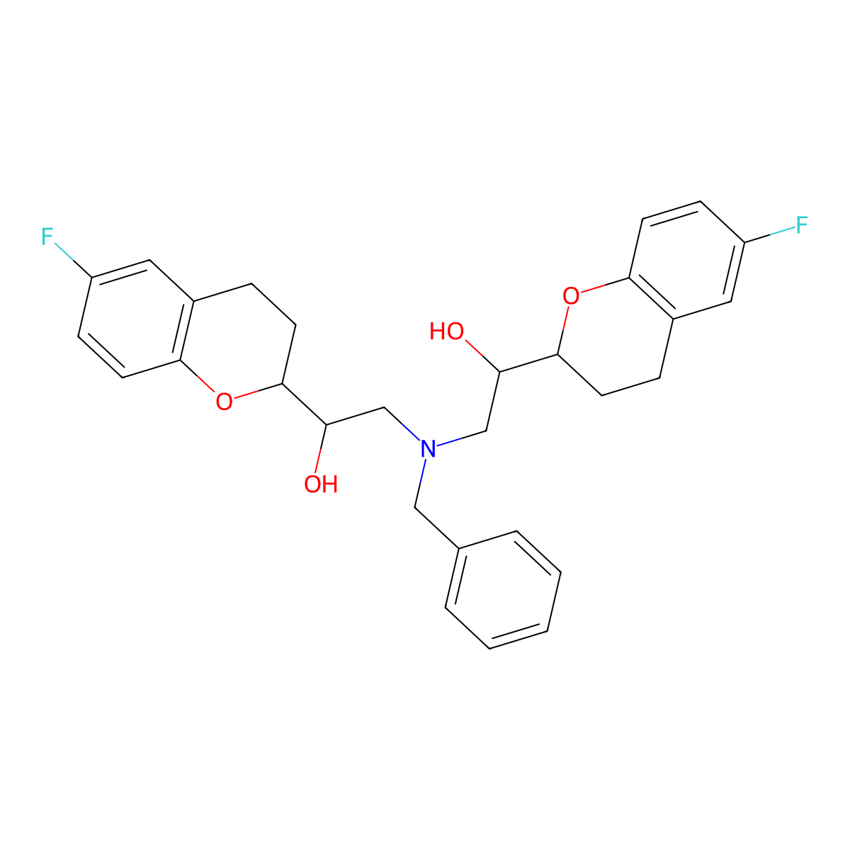 2H-1-Benzopyran-2-methanol, alpha,alpha'-(((phenylmethyl)imino)bis(methylene))bis(6-fluoro-3,4-dihydro-, (alphaR,alpha'R,2R,2'S)-rel- molecular structure, CAS 1199945-26-0