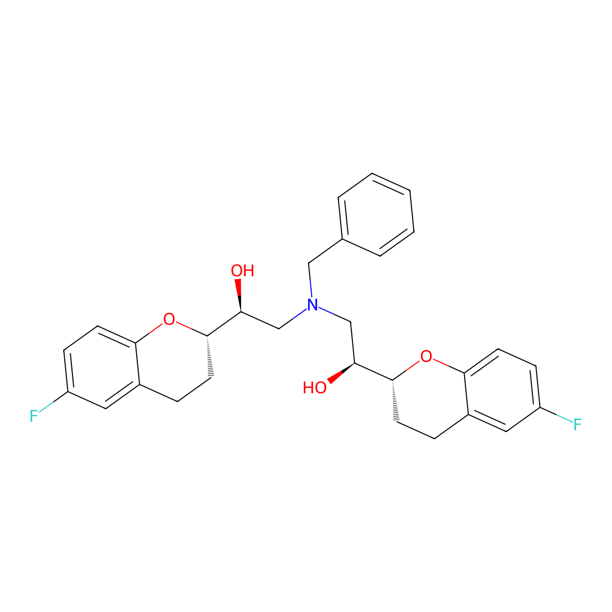 2H-1-Benzopyran-2-methanol, alpha,alpha'-(((phenylmethyl)imino)bis(methylene))bis(6-fluoro-3,4-dihydro-, (alphaR,alpha'R,2R,2'S)-rel- molecular structure, CAS 1199945-26-0