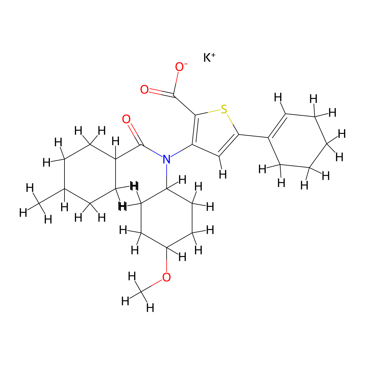 Potassium;5-(cyclohexen-1-yl)-3-[(4-methoxycyclohexyl)-(4-methylcyclohexanecarbonyl)amino]thiophene-2-carboxylate molecular structure, CAS 1200133-34-1
