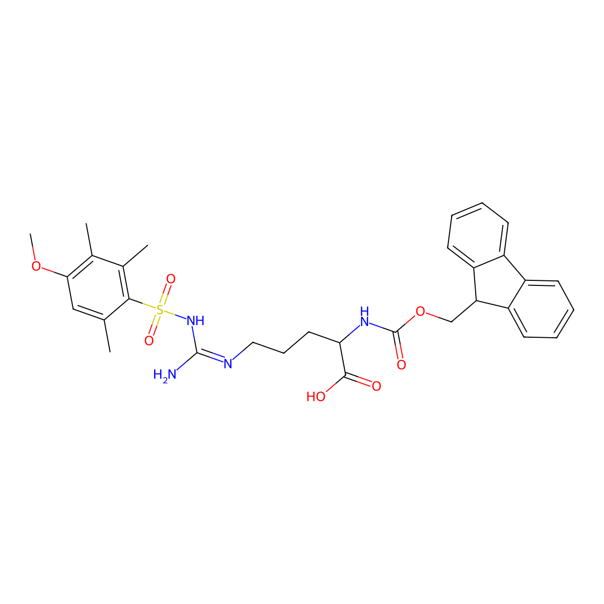 (2R)-2-({[(9H-fluoren-9-yl)methoxy]carbonyl}amino)-5-[N'-(4-methoxy-2,3,6-trimethylbenzenesulfonyl)carbamimidamido]pentanoic acid molecular structure, CAS 120075-24-3