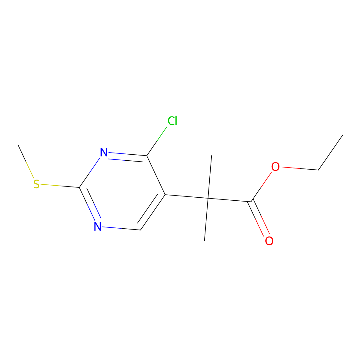 Ethyl 2-(4-chloro-2-(methylthio)pyrimidin-5-yl)-2-methylpropanoate molecular structure, CAS 1201362-85-7