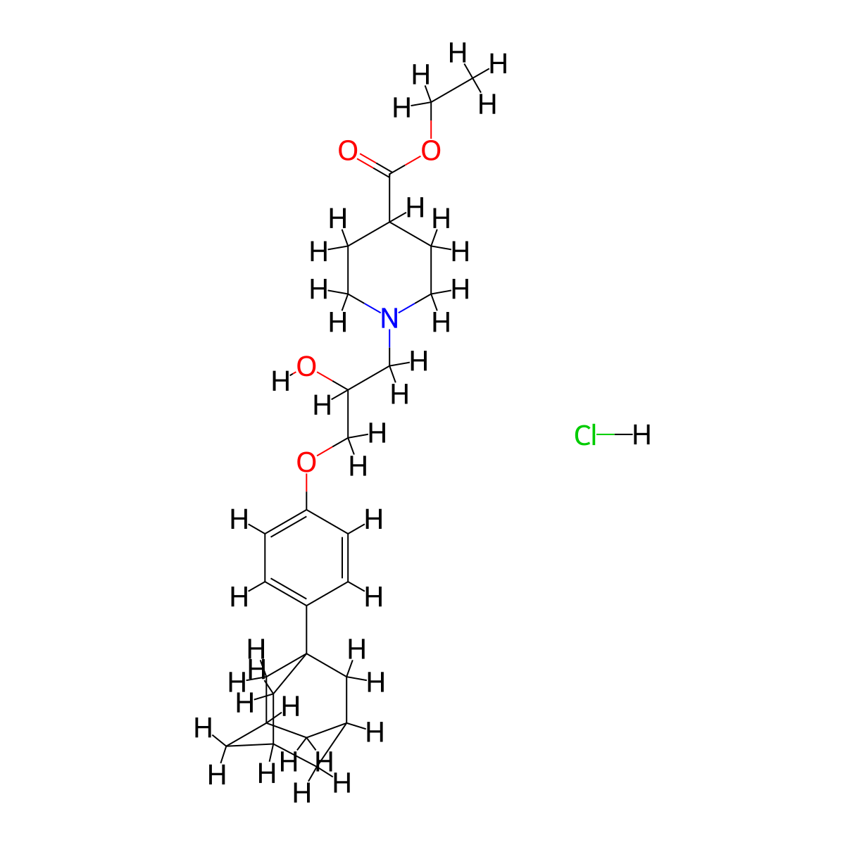 Ethyl 1-{3-[4-(adamantan-1-yl)phenoxy]-2-hydroxypropyl}piperidine-4-carboxylate hydrochloride molecular structure, CAS 1201421-60-4