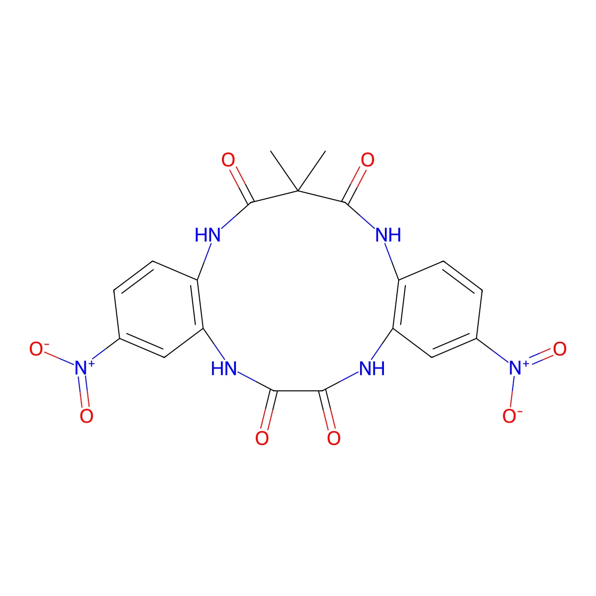 8,13-Dihydro-15,15-dimethyl-3,10-dinitro-5H-dibenzo[b,h][1,4,7,10]tetraazacyclotridecine-6,7,14,16(15H,17H)-tetrone molecular structure, CAS 1201641-98-6