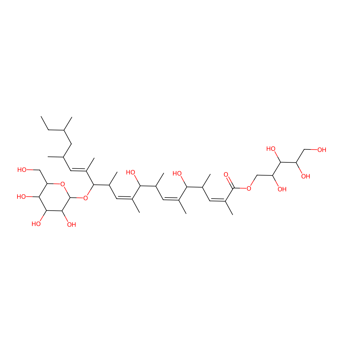 2,3,4,5-tetrahydroxypentyl (2E,6E,10E,14E)-5,9-dihydroxy-2,4,6,8,10,12,14,16,18-nonamethyl-13-[3,4,5-trihydroxy-6-(hydroxymethyl)oxan-2-yl]oxyicosa-2,6,10,14-tetraenoate molecular structure, CAS 1201896-30-1