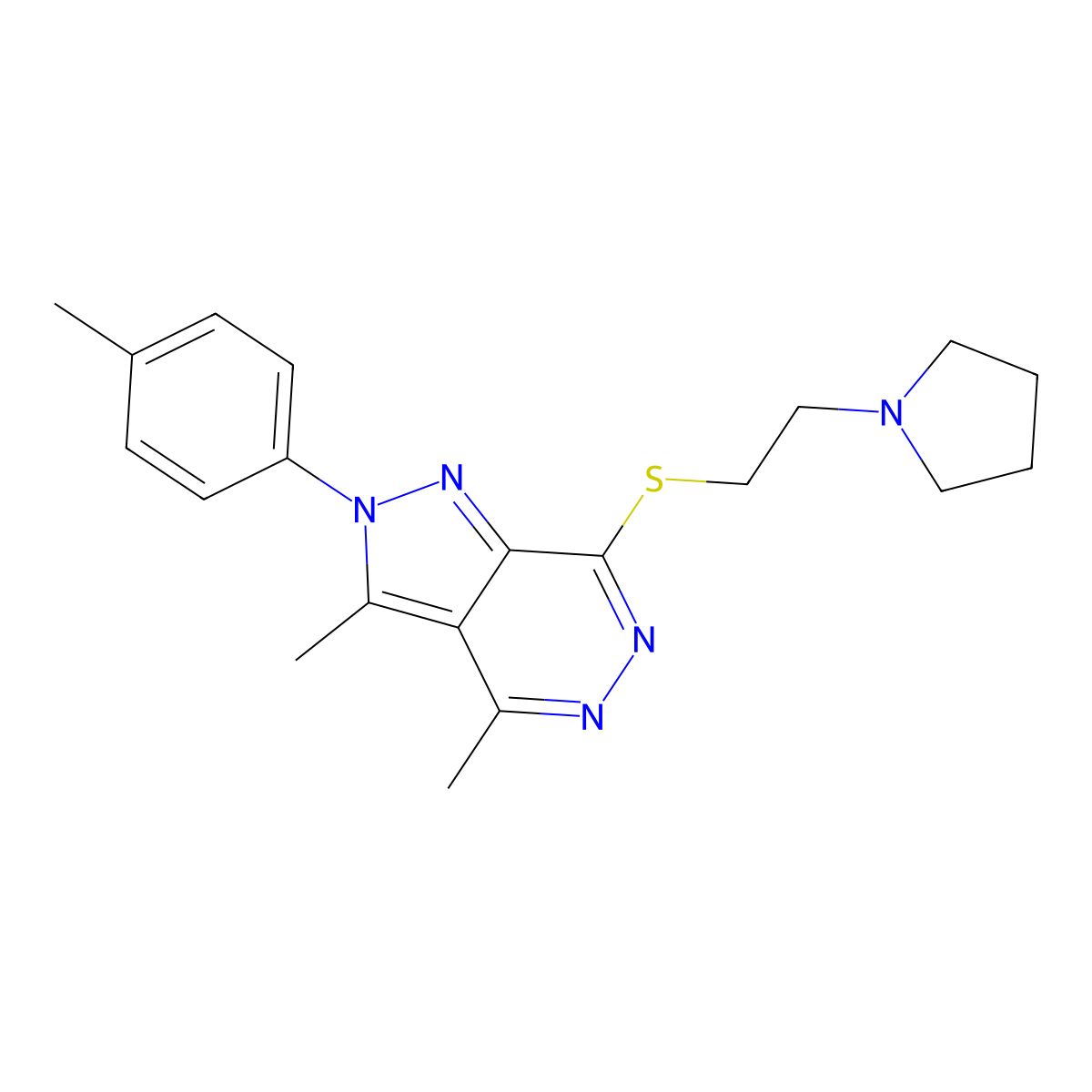 3,4-dimethyl-2-(4-methylphenyl)-2H-pyrazolo[3,4-d]pyridazin-7-yl 2-(1-pyrrolidinyl)ethyl sulfide molecular structure, CAS 1201911-26-3