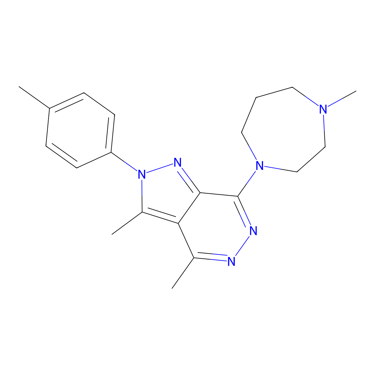 3,4-dimethyl-7-(4-methyl-1,4-diazepan-1-yl)-2-(4-methylphenyl)-2H-pyrazolo[3,4-d]pyridazine molecular structure, CAS 1201911-87-6