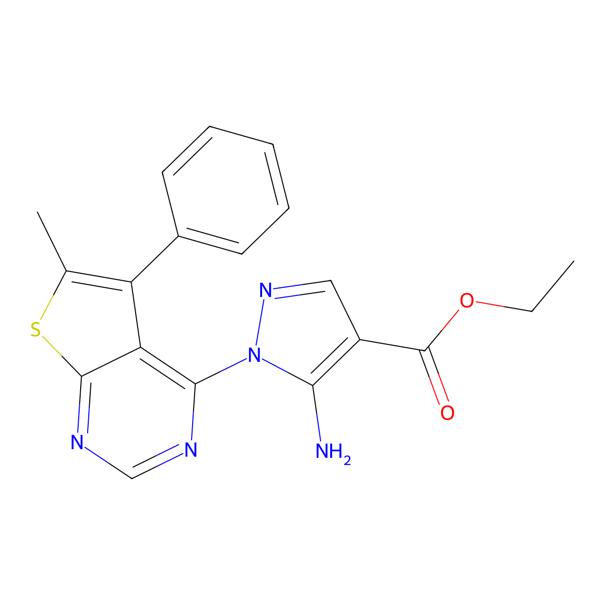 ethyl 5-amino-1-(6-methyl-5-phenylthieno[2,3-d]pyrimidin-4-yl)-1H-pyrazole-4-carboxylate molecular structure, CAS 1201911-97-8