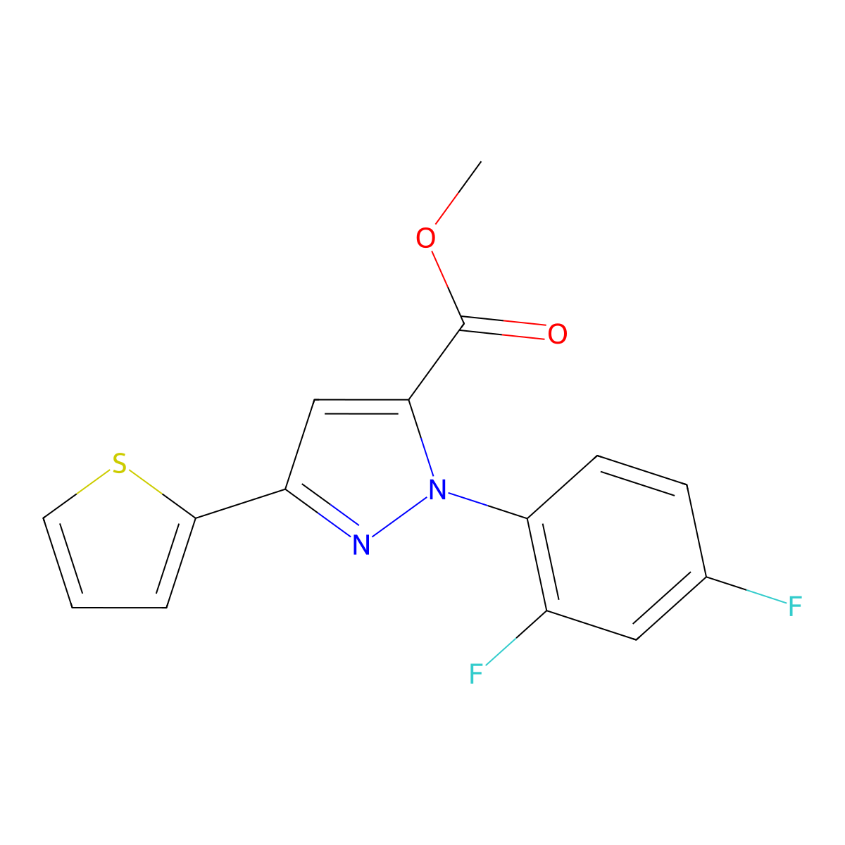 Methyl 1-(2,4-difluorophenyl)-3-(thiophen-2-yl)-1H-pyrazole-5-carboxylate molecular structure, CAS 1202028-96-3