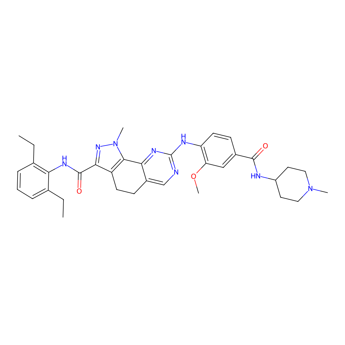 N-(2,6-diethylphenyl)-8-[2-methoxy-4-[(1-methylpiperidin-4-yl)carbamoyl]anilino]-1-methyl-4,5-dihydropyrazolo[4,3-h]quinazoline-3-carboxamide molecular structure, CAS 1202055-34-2
