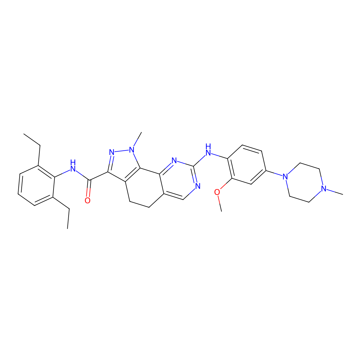 N-(2,6-diethylphenyl)-8-((2-methoxy-4-(4-methylpiperazin-1-yl)phenyl)amino)-1-methyl-4,5-dihydro-1H-pyrazolo(4,3-h)quinazoline-3-carboxamide molecular structure, CAS 1202055-39-7