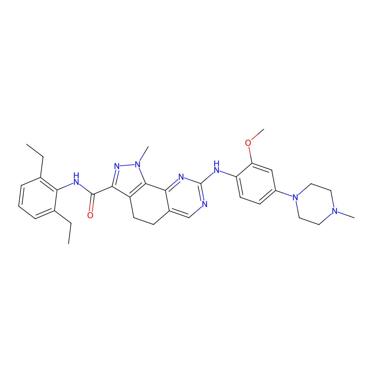 N-(2,6-diethylphenyl)-8-((2-methoxy-4-(4-methylpiperazin-1-yl)phenyl)amino)-1-methyl-4,5-dihydro-1H-pyrazolo(4,3-h)quinazoline-3-carboxamide molecular structure, CAS 1202055-39-7
