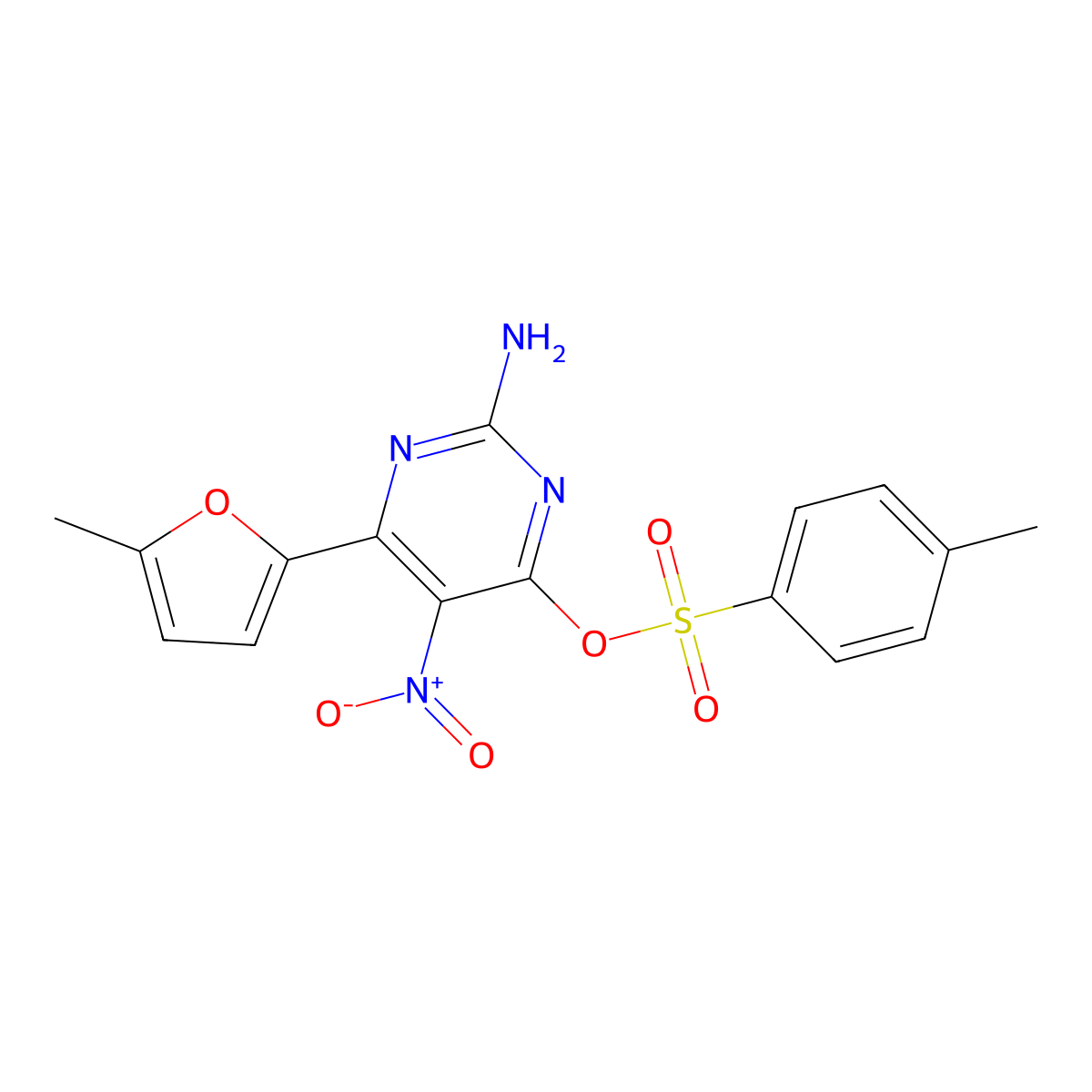 2-Amino-6-(5-methylfuran-2-yl)-5-nitropyrimidin-4-yl 4-methylbenzenesulfonate molecular structure, CAS 1202402-42-3