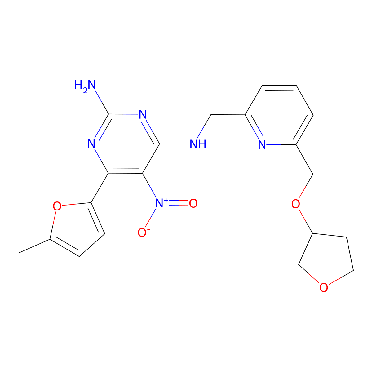 (S)-6-(5-Methylfuran-2-yl)-5-nitro-N4-((6-(((tetrahydrofuran-3-yl)oxy)methyl)pyridin-2-yl)methyl)pyrimidine-2,4-diamine molecular structure, CAS 1202402-44-5