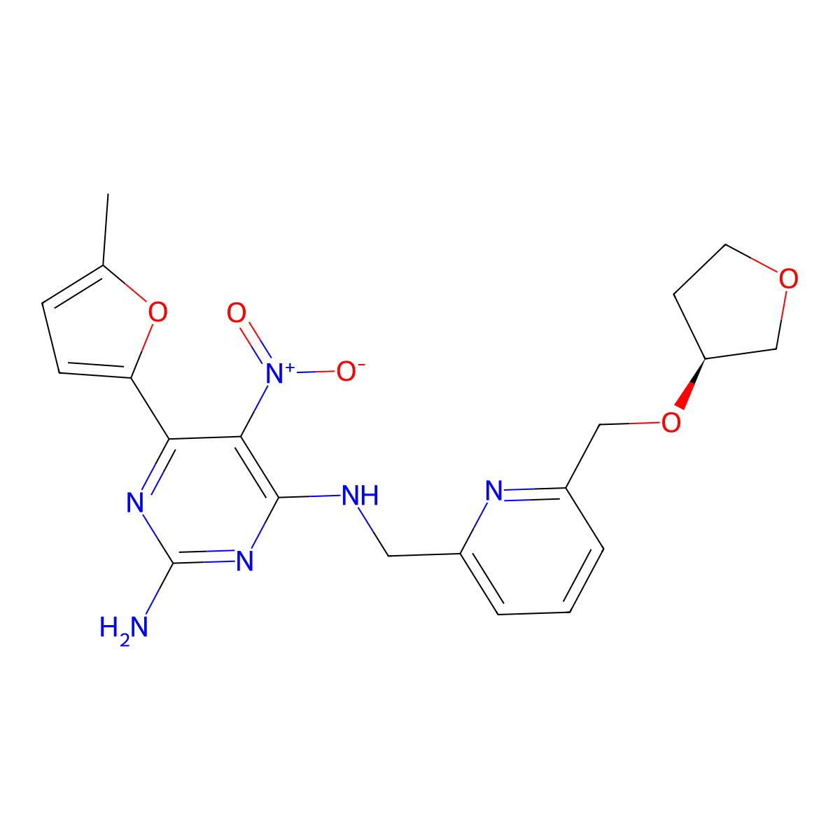 (S)-6-(5-Methylfuran-2-yl)-5-nitro-N4-((6-(((tetrahydrofuran-3-yl)oxy)methyl)pyridin-2-yl)methyl)pyrimidine-2,4-diamine molecular structure, CAS 1202402-44-5