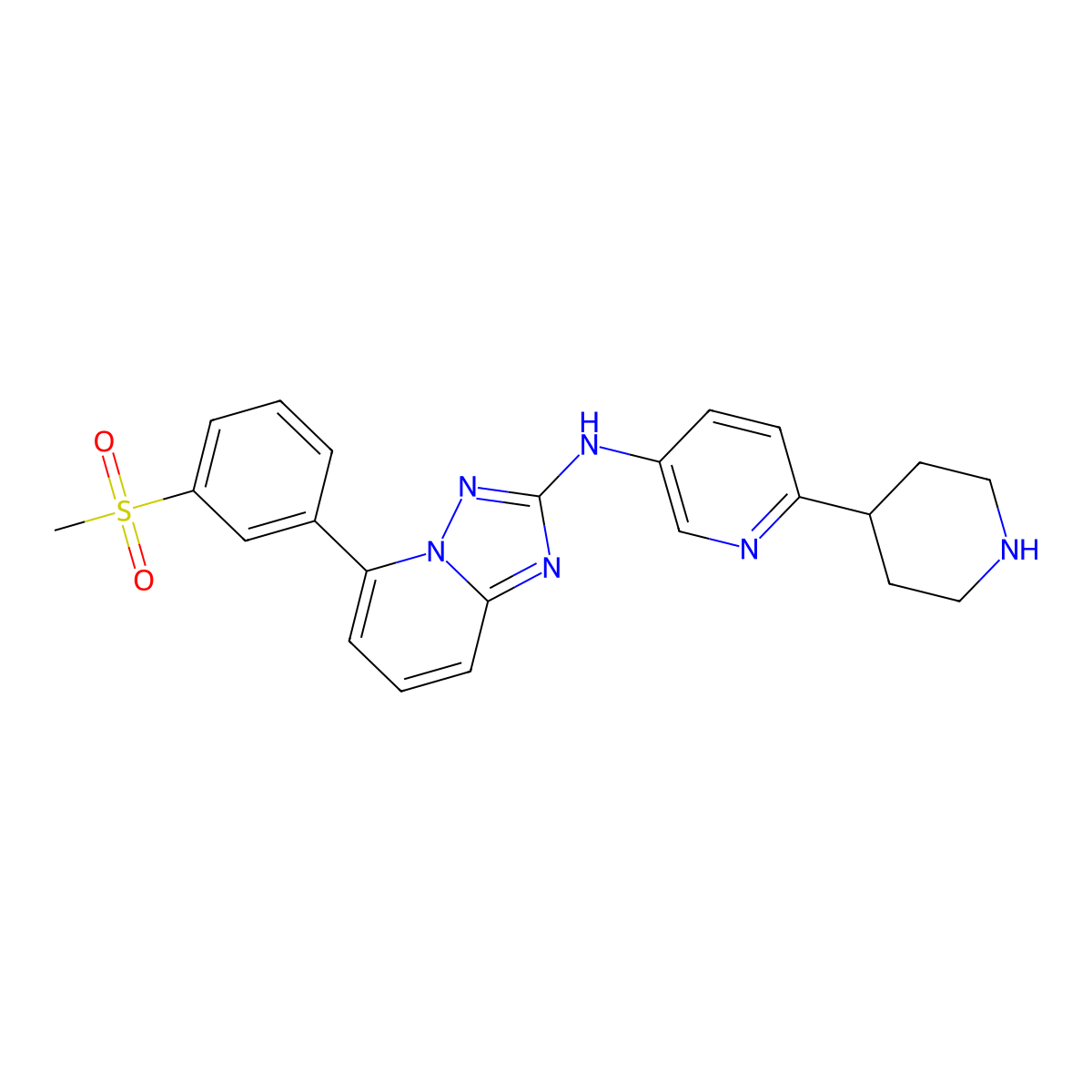 5-(3-(Methylsulfonyl)phenyl)-N-(6-(piperidin-4-yl)pyridin-3-yl)-[1,2,4]triazolo[1,5-a]pyridin-2-amine molecular structure, CAS 1202490-34-3