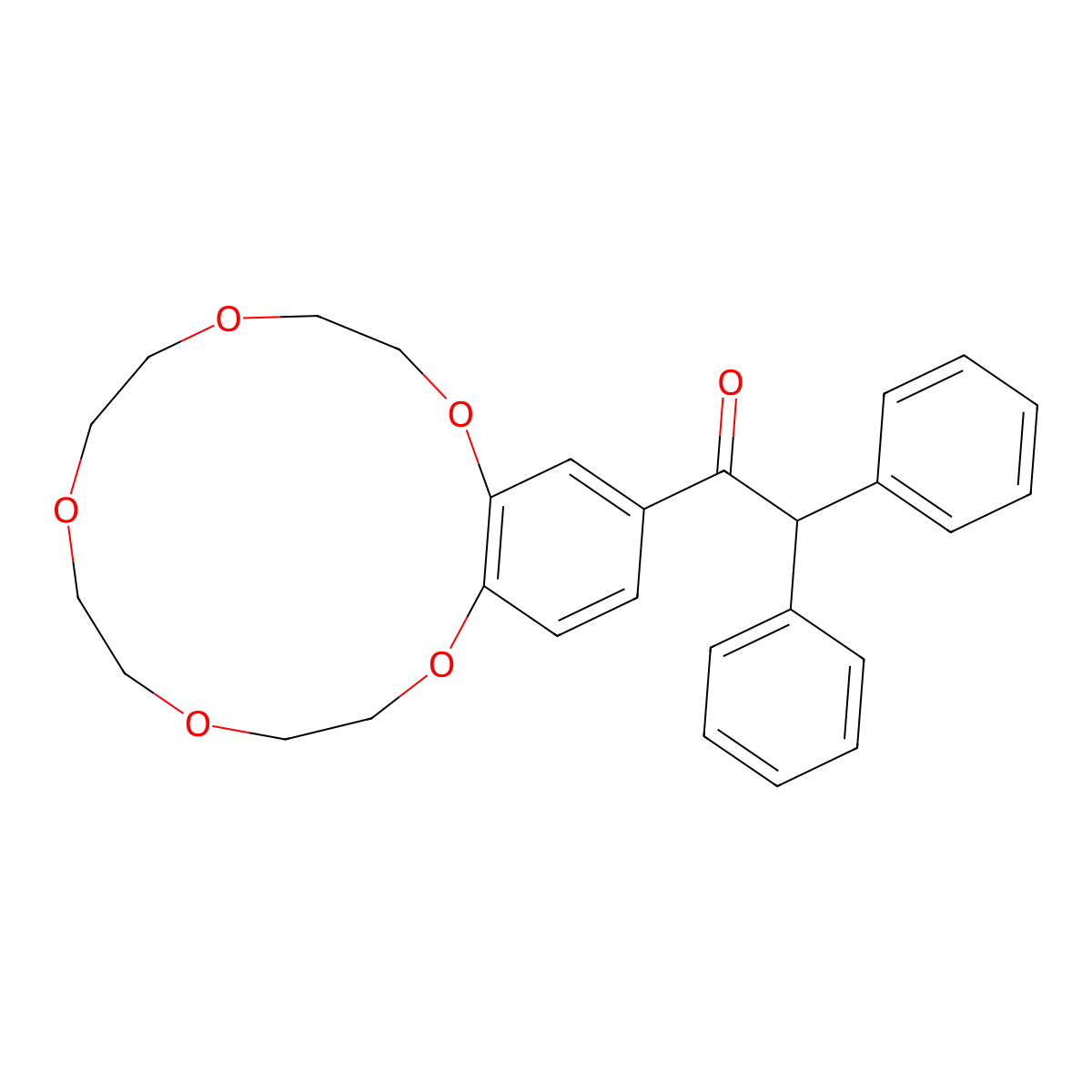 Ethanone, 2,2-diphenyl-1-(2,3,5,6,8,9,11,12-octahydro-1,4,7,10,13-benzopentaoxacyclopentadecin-15-yl)- molecular structure, CAS 120260-15-3