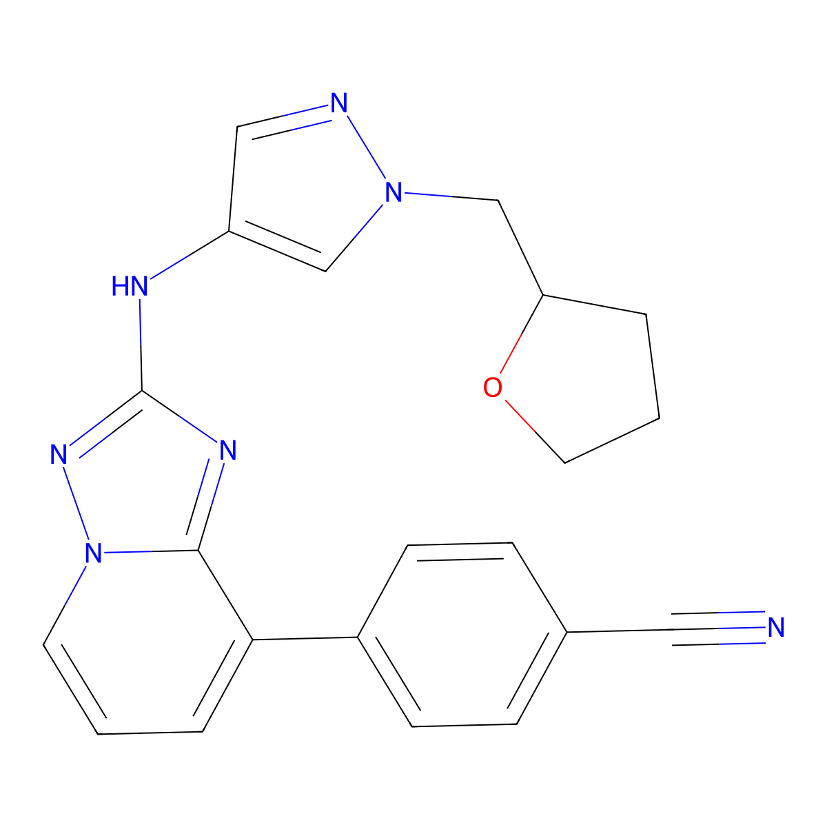 4-(2-((1-((Tetrahydrofuran-2-yl)methyl)-1H-pyrazol-4-yl)amino)-[1,2,4]triazolo[1,5-a]pyridin-8-yl)benzonitrile molecular structure, CAS 1202618-71-0