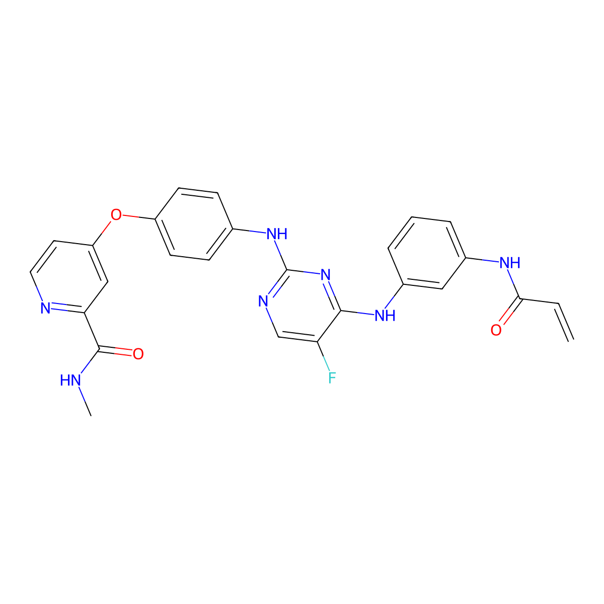 4-(4-((4-((3-acrylamidophenyl)amino)-5-fluoropyrimidin-2-yl)amino)phenoxy)-N-methylpicolinamide molecular structure, CAS 1202759-32-7