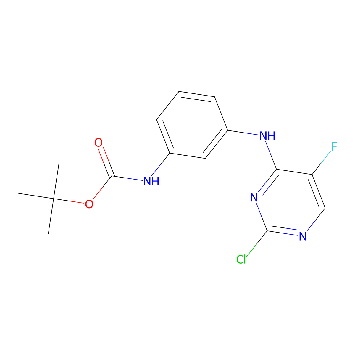 Tert-butyl (3-((2-chloro-5-fluoropyrimidin-4-yl)amino)phenyl)carbamate molecular structure, CAS 1202759-89-4