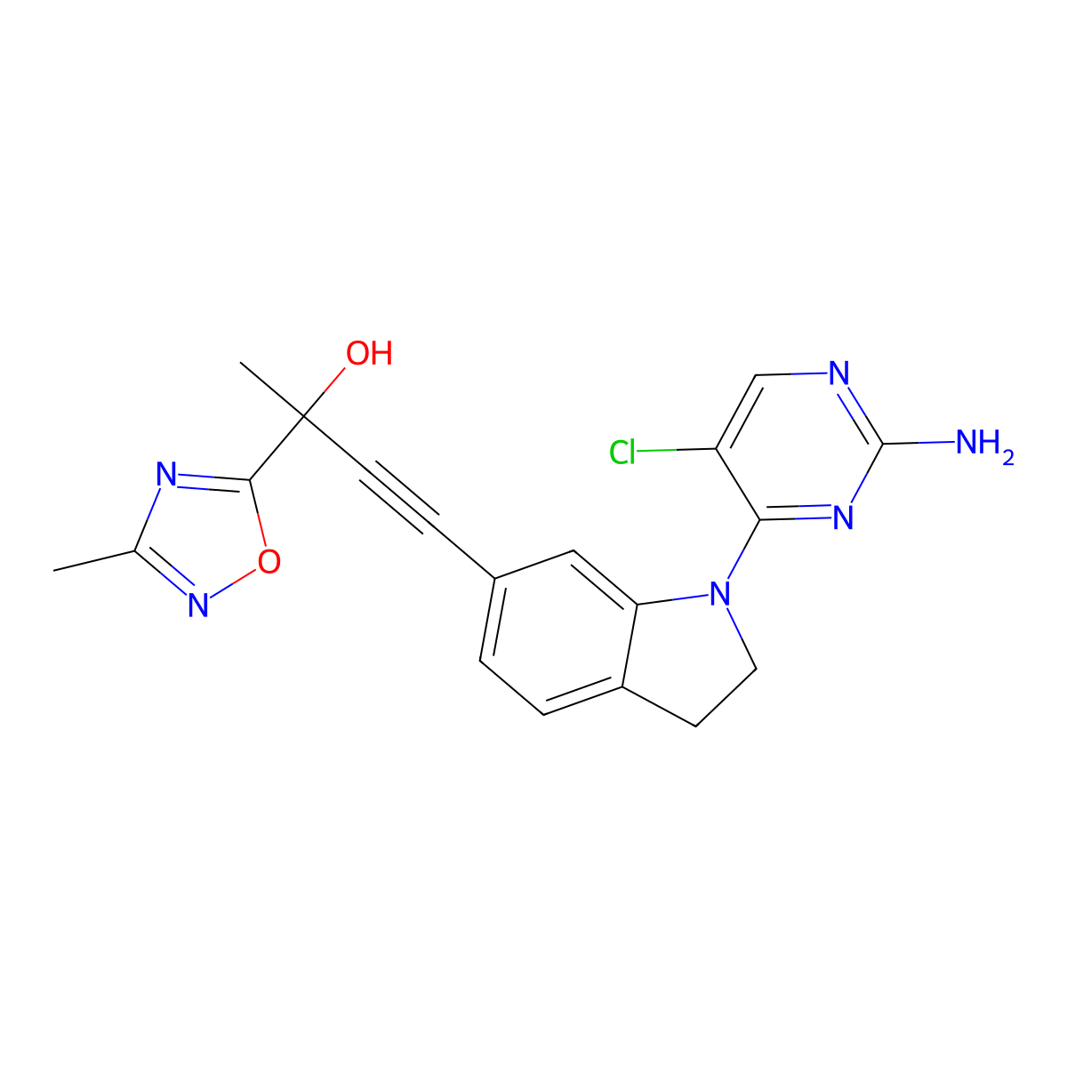 4-(1-(2-Amino-5-chloropyrimidin-4-yl)indolin-6-yl)-2-(3-methyl-1,2,4-oxadiazol-5-yl)but-3-yn-2-ol molecular structure, CAS 1202761-77-0