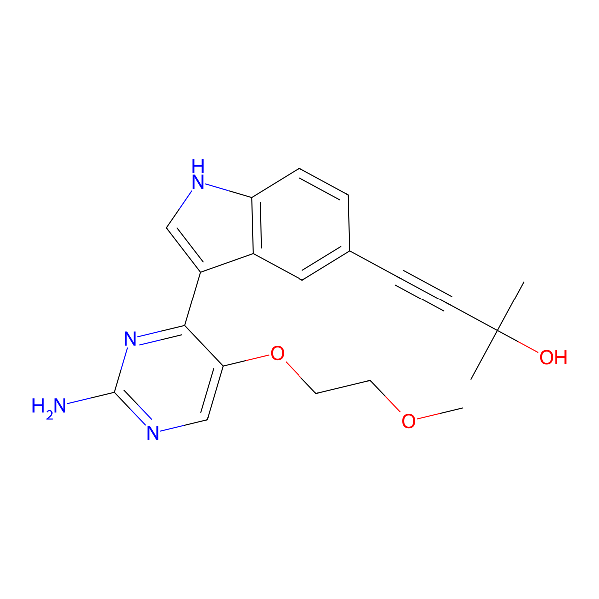 4-{3-[2-Amino-5-(2-Methoxyethoxy)pyrimidin-4-Yl]-1h-Indol-5-Yl}-2-Methylbut-3-Yn-2-Ol molecular structure, CAS 1202763-91-4