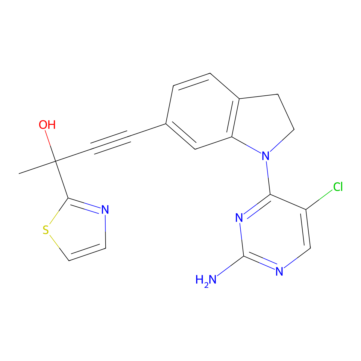 4-(1-(2-Amino-5-chloropyrimidin-4-yl)indolin-6-yl)-2-(thiazol-2-yl)but-3-yn-2-ol molecular structure, CAS 1202764-53-1