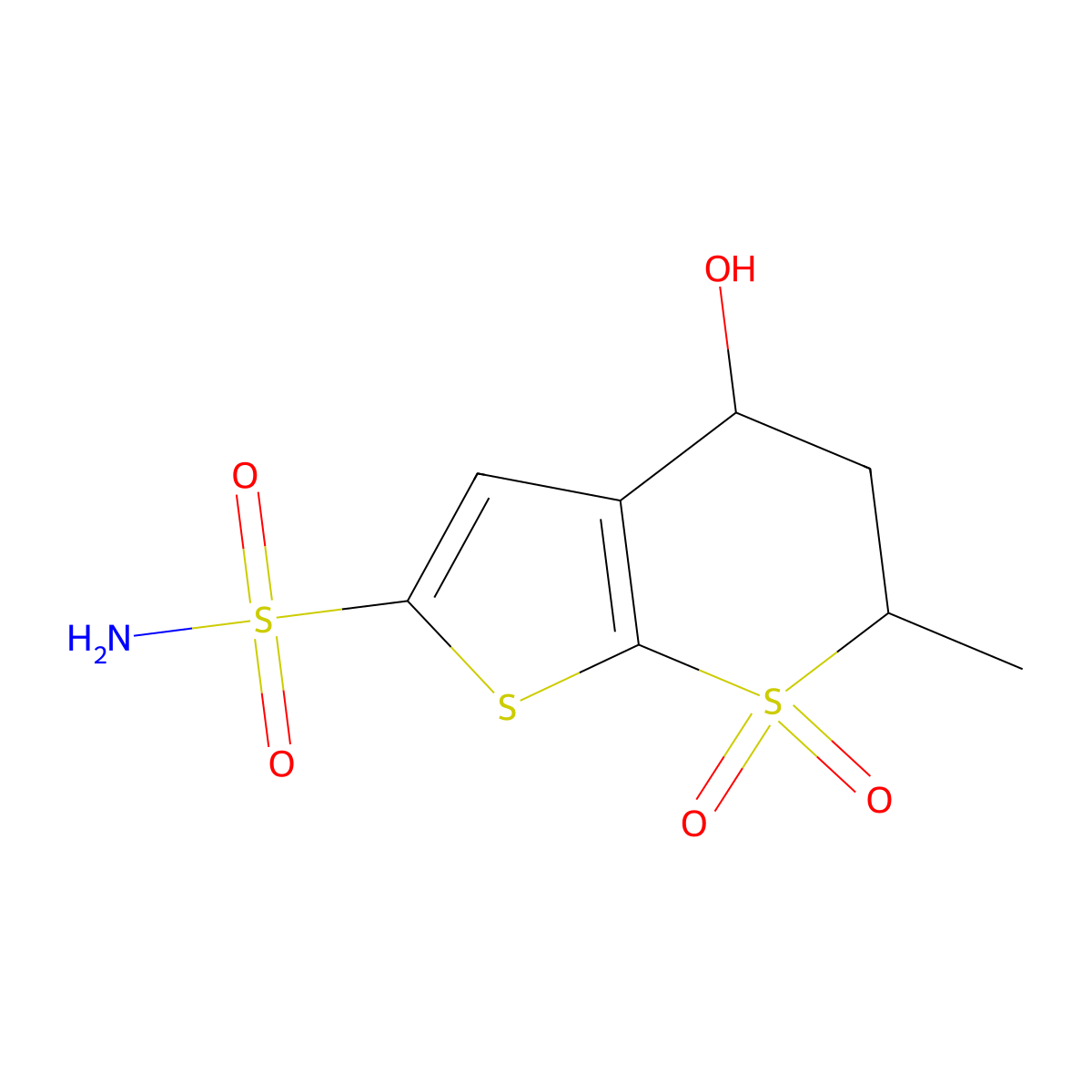 4H-Thieno(2,3-b)thiopyran-2-sulfonamide, 5,6-dihydro-4-hydroxy-6-methyl-, 7,7-dioxide molecular structure, CAS 120279-26-7