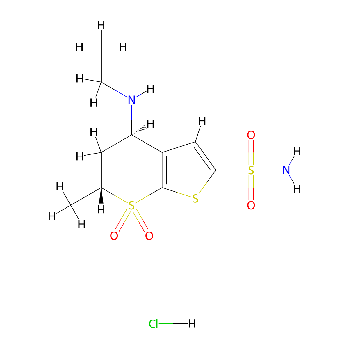 (4R,6R)-4-(Ethylamino)-5,6-dihydro-6-methyl-4H-thieno(2,3-b)thiopyran-2-sulfonamide-7,7-dioxide monohydrochloride molecular structure, CAS 120279-36-9