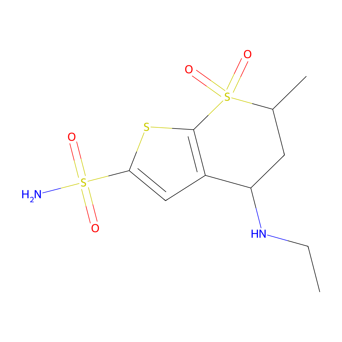 4H-Thieno(2,3-b)thiopyran-2-sulfonamide, 4-(ethylamino)-5,6-dihydro-6-methyl-, 7,7-dioxide molecular structure, CAS 120280-13-9