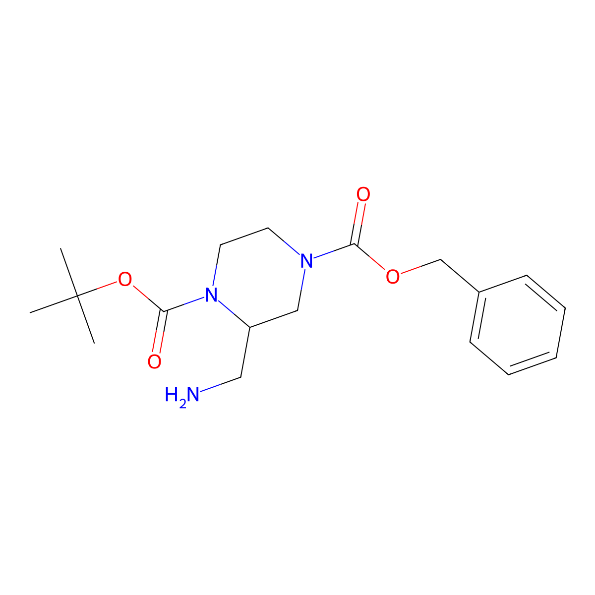 4-Benzyl 1-tert-butyl 2-(aminomethyl)piperazine-1,4-dicarboxylate molecular structure, CAS 1202800-72-3