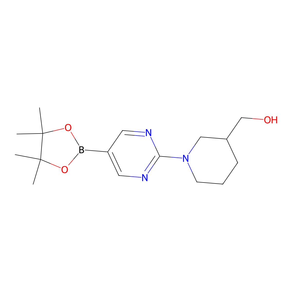 {1-[5-(Tetramethyl-1,3,2-dioxaborolan-2-yl)pyrimidin-2-yl]piperidin-3-yl}methanol molecular structure, CAS 1202805-21-7