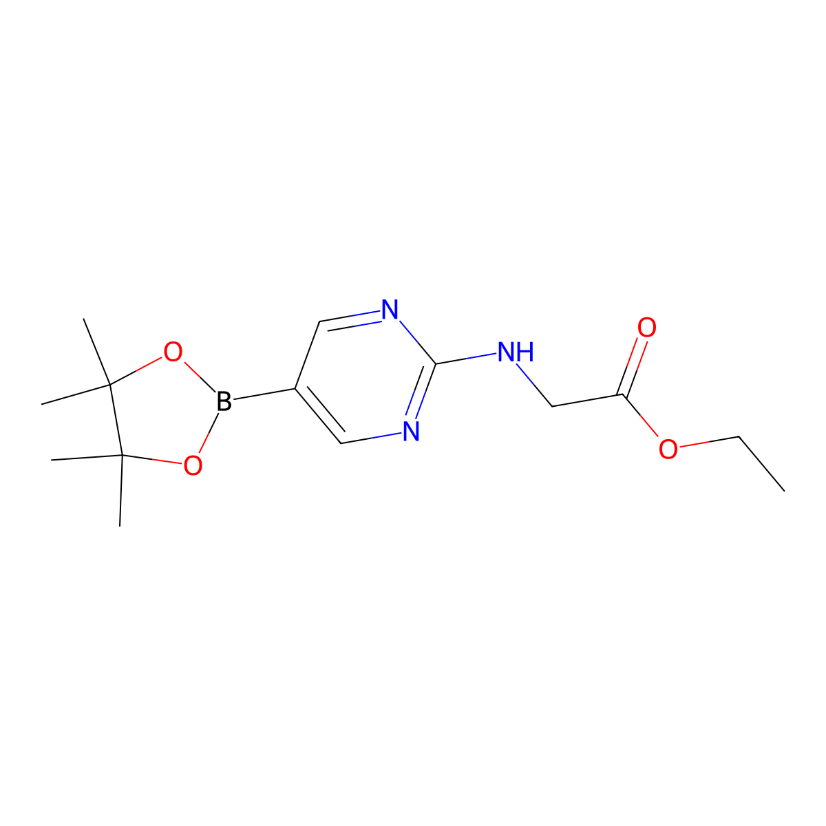 Ethyl 2-((5-(4,4,5,5-tetramethyl-1,3,2-dioxaborolan-2-yl)pyrimidin-2-yl)amino)acetate molecular structure, CAS 1202805-23-9
