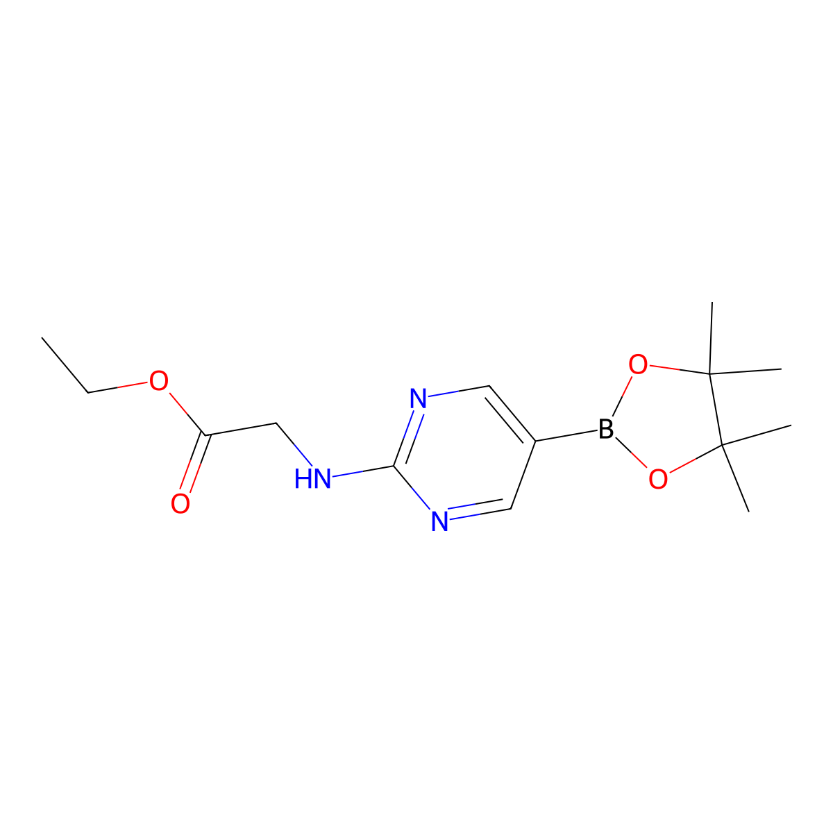 Ethyl 2-((5-(4,4,5,5-tetramethyl-1,3,2-dioxaborolan-2-yl)pyrimidin-2-yl)amino)acetate molecular structure, CAS 1202805-23-9
