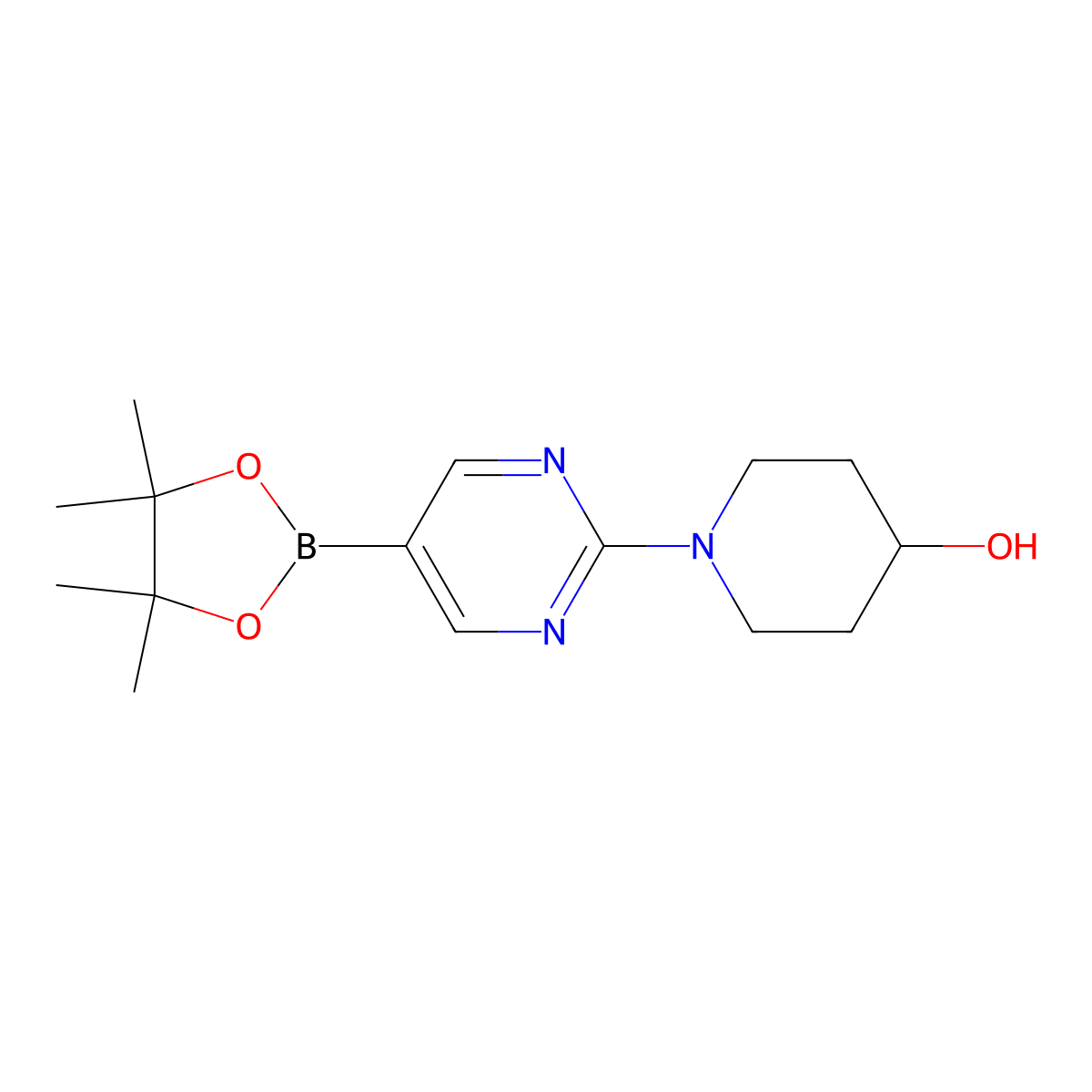 1-(5-(Tetramethyl-1,3,2-dioxaborolan-2-yl)pyrimidin-2-yl)piperidin-4-ol molecular structure, CAS 1202805-26-2