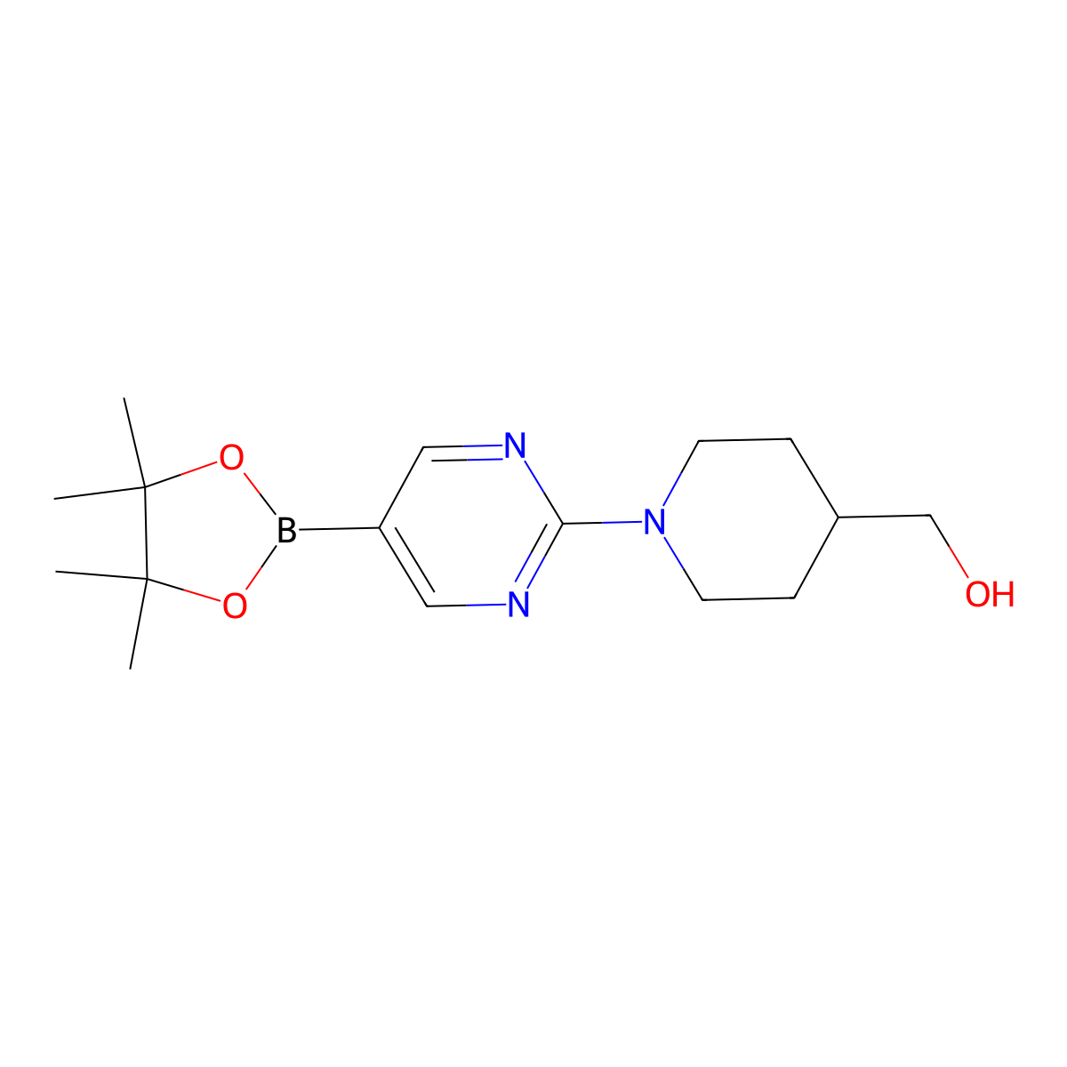 (1-(5-(4,4,5,5-Tetramethyl-1,3,2-dioxaborolan-2-yl)pyrimidin-2-yl)piperidin-4-yl)methanol molecular structure, CAS 1202805-30-8