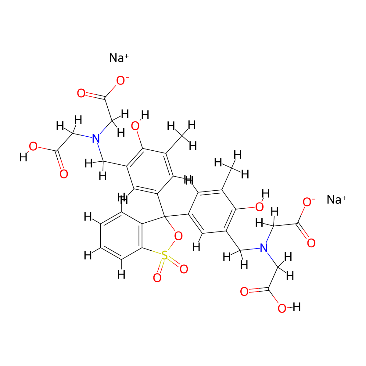 Sodium 2,2'-(((3-(1-((bis(carboxymethyl)amino)methyl)-3-(3-hydroxy-4-methylphenyl)-1,1-dioxido-1,3-dihydro-1l3-benzo[c][1,2]oxathiol-3-yl)-1-hydroxy-6-methylcyclohexa-2,4-dien-1-yl)methyl)azanediyl)diacetate molecular structure, CAS 1202864-39-8