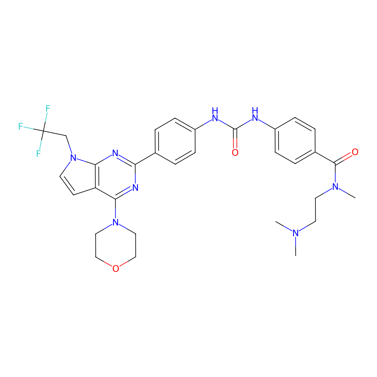 N-(2-(Dimethylamino)ethyl)-N-methyl-4-(((4-(4-morpholin-4-yl-7-(2,2,2-trifluoroethyl)-7H-pyrrolo(2,3-d)pyrimidin-2-yl)phenyl)carbamoyl)amino)benzamide molecular structure, CAS 1202884-94-3