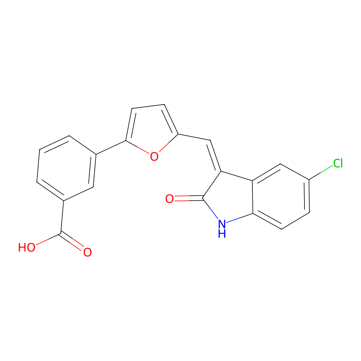 (Z)-3-(5-((5-chloro-2-oxoindolin-3-ylidene)Methyl)furan-2-yl)benzoic acid molecular structure, CAS 1202918-24-8