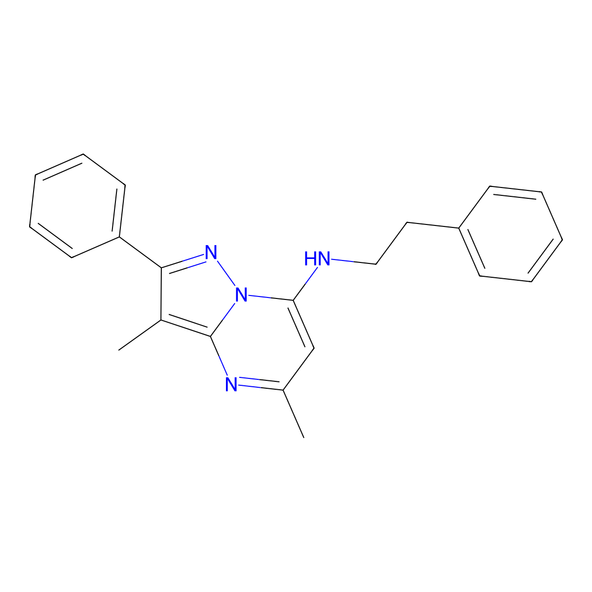 3,5-dimethyl-2-phenyl-N-(2-phenylethyl)pyrazolo[1,5-a]pyrimidin-7-amine molecular structure, CAS 1202970-47-5